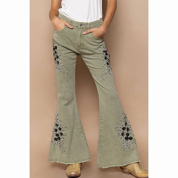 POL Pants - NWT POL Glamour Groove Floral Embroidered Beaded Boho Green Flare Jeans